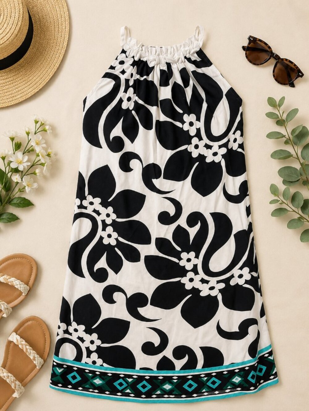 Signature London Style Black White Floral Halter Shift Dress Size 10